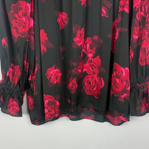 Talbots Black & Pink Dark Floral Rose Ruffle Neck Wrist Romantic Large Blouse - Picture 7 of 9